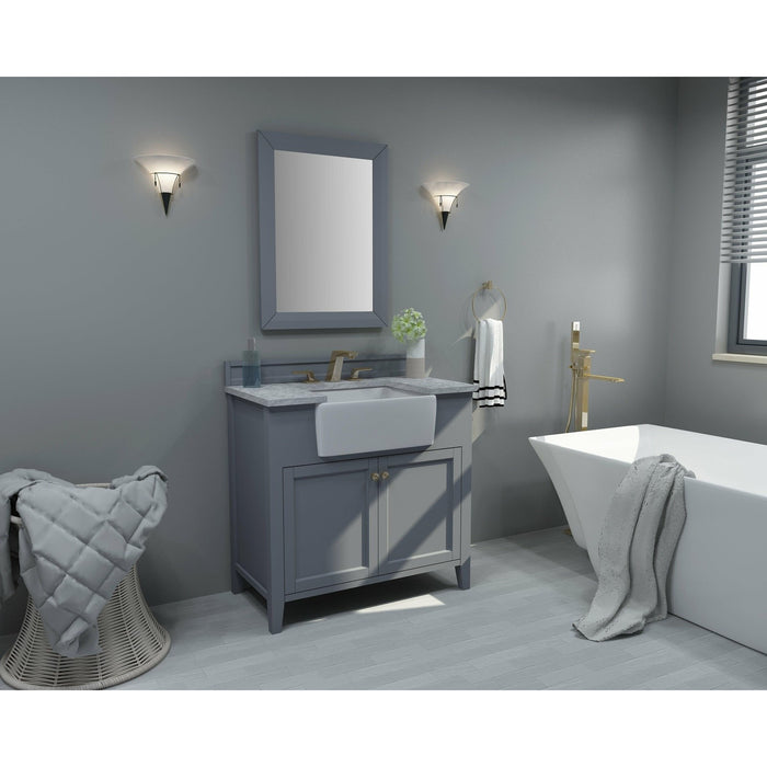 Ancerre Adeline Single Vanity Set with Italian Carrara White Marble Vanity Top and White Undermount Farmhouse Basin with Gold Hardware