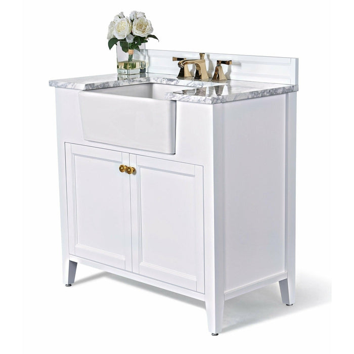 Ancerre Adeline Single Vanity Set with Italian Carrara White Marble Vanity Top and White Undermount Farmhouse Basin with Gold Hardware