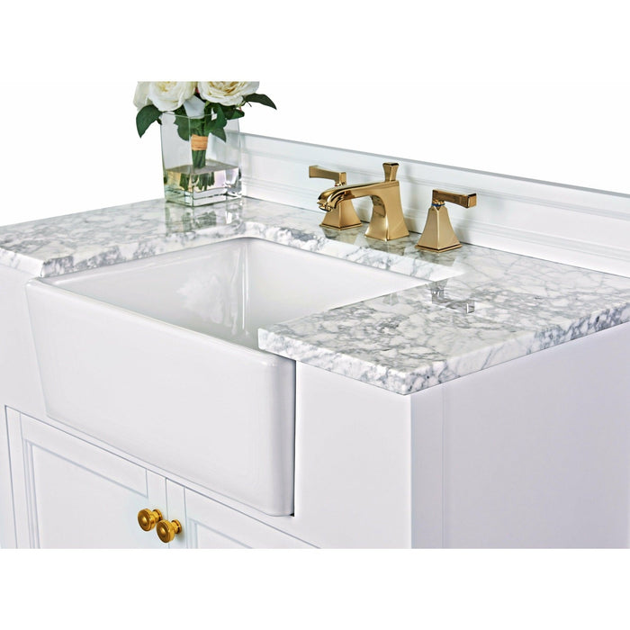 Ancerre Adeline Single Vanity Set with Italian Carrara White Marble Vanity Top and White Undermount Farmhouse Basin with Gold Hardware