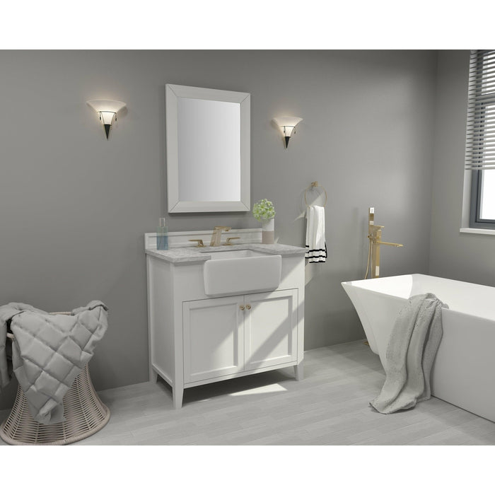 Ancerre Adeline Single Vanity Set with Italian Carrara White Marble Vanity Top and White Undermount Farmhouse Basin with Gold Hardware