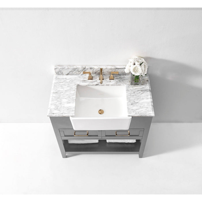 Ancerre Hayley Single Bath Vanity Set with Italian Carrara White Marble Vanity Top and White Farmhouse Apron Basin, Optional Colors