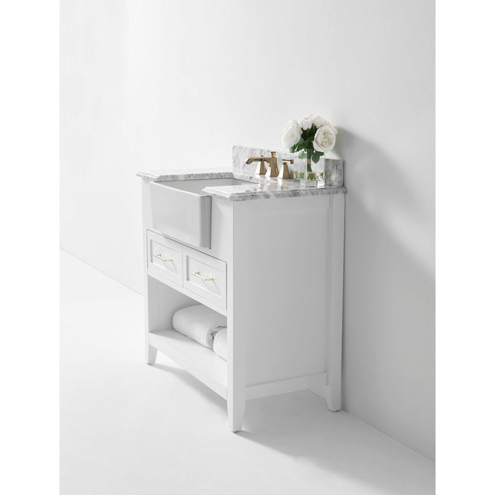 Ancerre Hayley Single Bath Vanity Set with Italian Carrara White Marble Vanity Top and White Farmhouse Apron Basin, Optional Colors