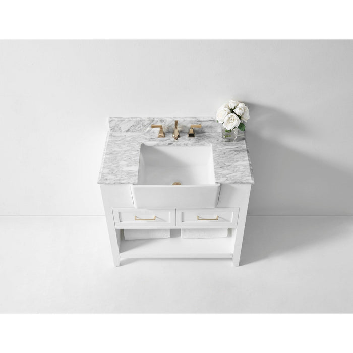 Ancerre Hayley Single Bath Vanity Set with Italian Carrara White Marble Vanity Top and White Farmhouse Apron Basin, Optional Colors