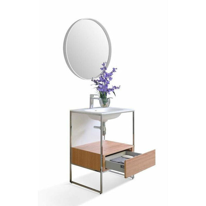 Ancerre Tory Single Bath Vanity in Natural Walnut with White Matte Seamless Solid Surface Sink top and Mirror