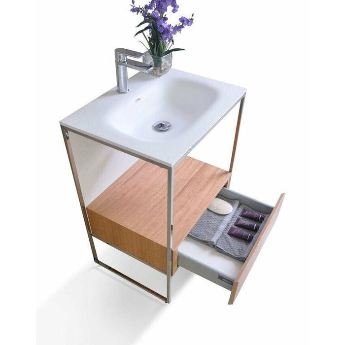 Ancerre Tory Single Bath Vanity in Natural Walnut with White Matte Seamless Solid Surface Sink top and Mirror