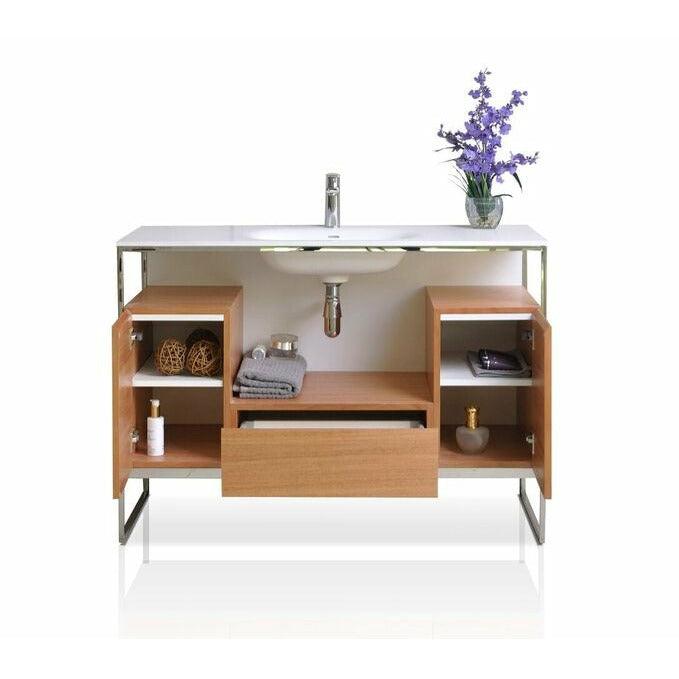 Ancerre Tory Single Bath Vanity in Natural Walnut with White Matte Seamless Solid Surface Sink top and Mirror