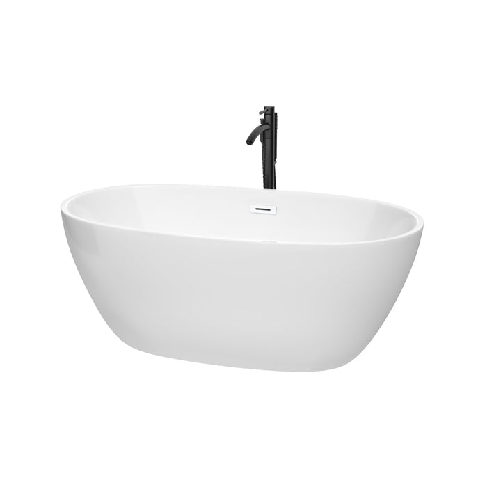 Wyndham Collection Juno 59 Inch Freestanding Bathtub in White with Shiny White Trim and Floor Mounted Faucet