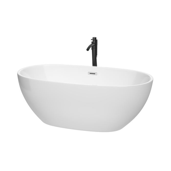 Wyndham Collection Juno 63 Inch Freestanding Bathtub in White with Polished Chrome Trim and Floor Mounted Faucet