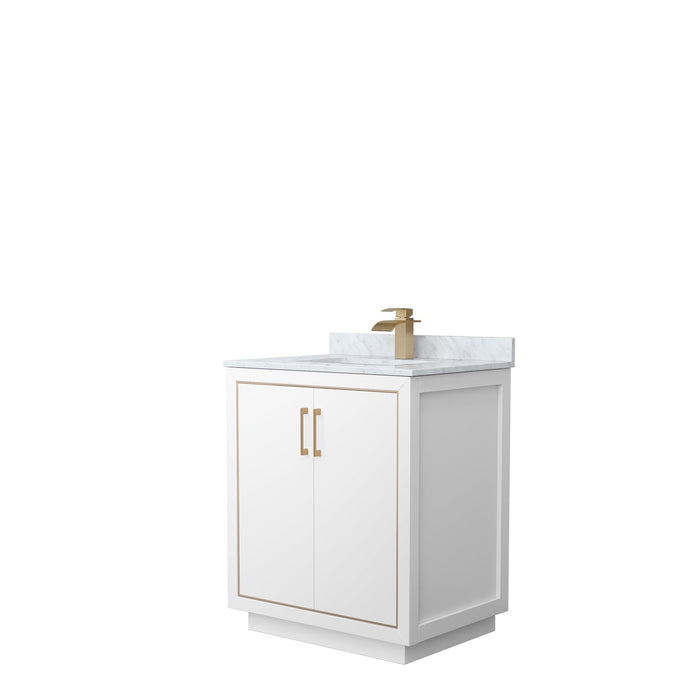 Wyndham Collection Icon 30 Inch Single Bathroom Vanity in White, White Carrara Marble Countertop, Undermount Square Sink