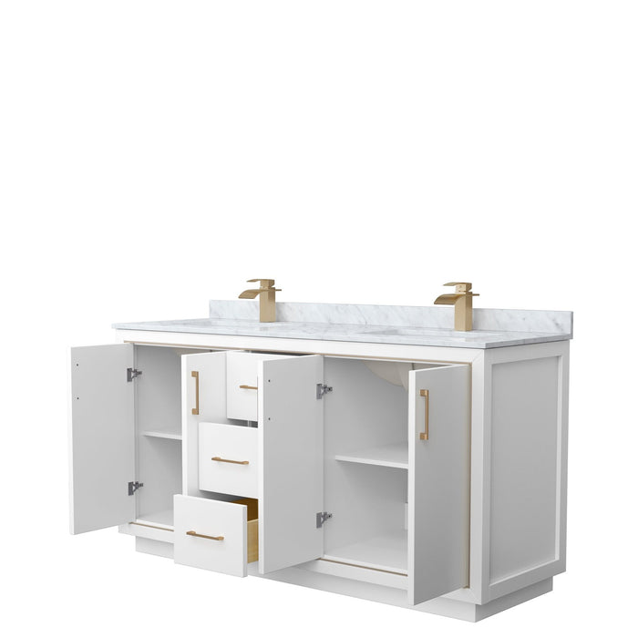 Wyndham Collection Icon 66 Inch Double Bathroom Vanity in White, White Carrara Marble Countertop, Undermount Square Sinks
