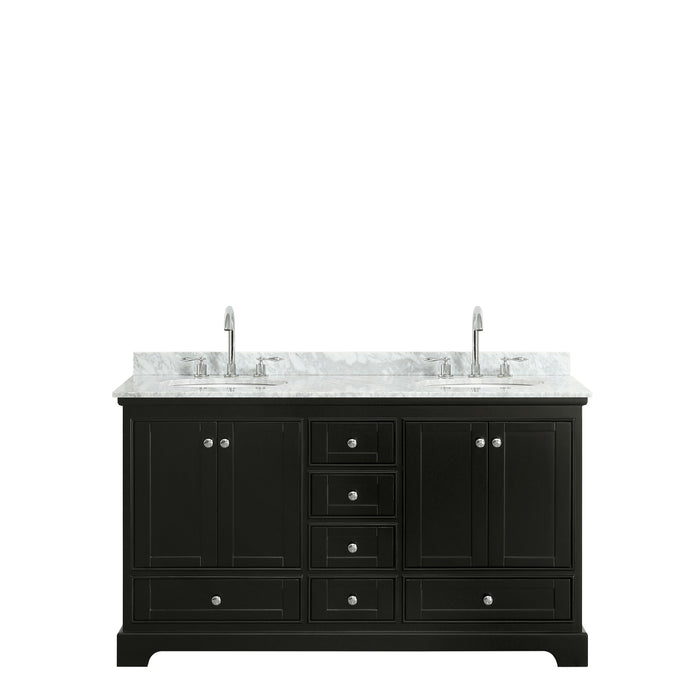 Wyndham Collection Deborah 60 Inch Double Bathroom Vanity in Dark Espresso, White Carrara Marble Countertop, Undermount Oval Sinks