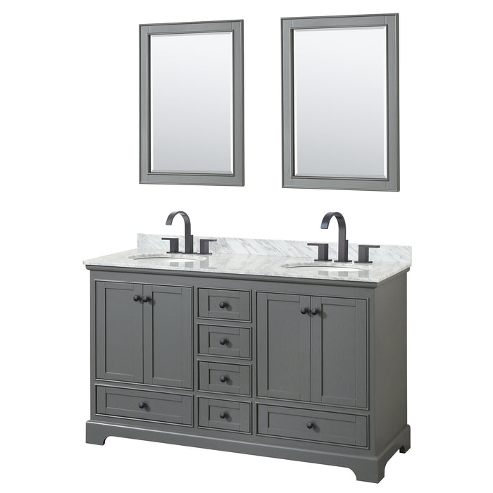 Wyndham Collection Deborah 60 Inch Double Bathroom Vanity in Dark Gray, White Carrara Marble Countertop, Undermount Oval Sinks