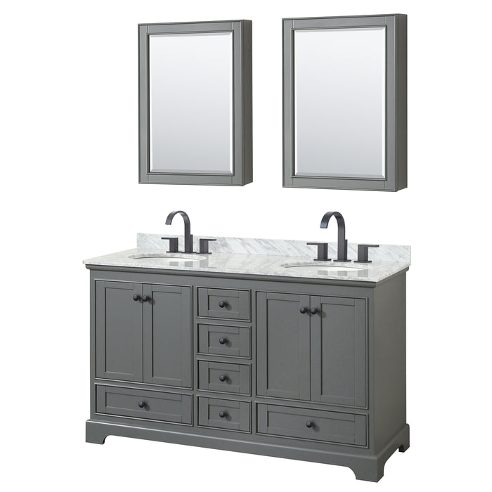 Wyndham Collection Deborah 60 Inch Double Bathroom Vanity in Dark Gray, White Carrara Marble Countertop, Undermount Oval Sinks
