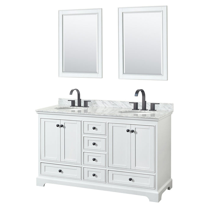 Wyndham Collection Deborah 60 Inch Double Bathroom Vanity in White, White Carrara Marble Countertop, Undermount Oval Sinks