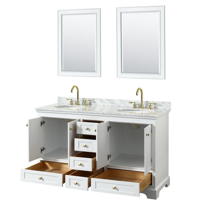 Wyndham Collection Deborah 60 Inch Double Bathroom Vanity in White, White Carrara Marble Countertop, Undermount Oval Sinks