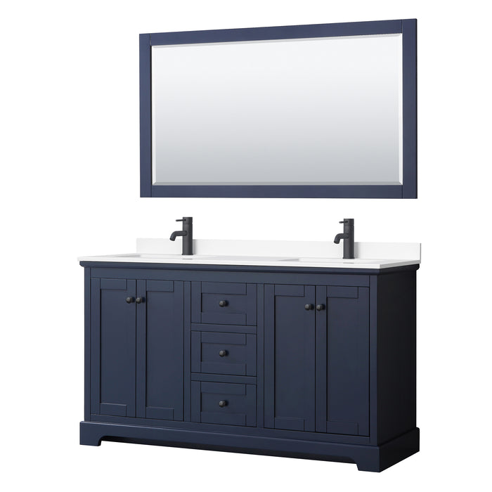 Wyndham Collection Avery 60 Inch Double Bathroom Vanity in Dark Blue, White Cultured Marble Countertop, Undermount Square Sinks