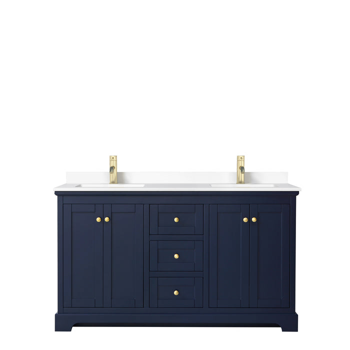 Wyndham Collection Avery 60 Inch Double Bathroom Vanity in Dark Blue, White Cultured Marble Countertop, Undermount Square Sinks