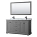 Wyndham Collection Avery 60 Inch Double Bathroom Vanity in Dark Gray, White Carrara Marble Countertop, Undermount Square Sinks
