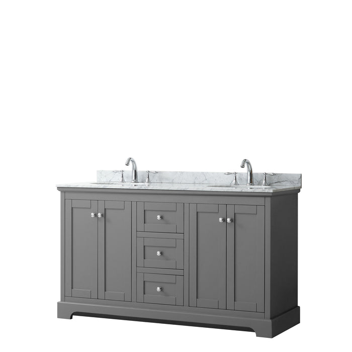 Wyndham Collection Avery 60 Inch Double Bathroom Vanity in Dark Gray, White Carrara Marble Countertop, Undermount Oval Sinks
