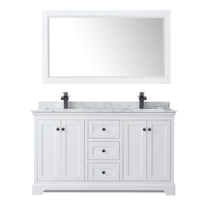 Wyndham Collection Avery 60 Inch Double Bathroom Vanity in White, White Carrara Marble Countertop, Undermount Square Sinks