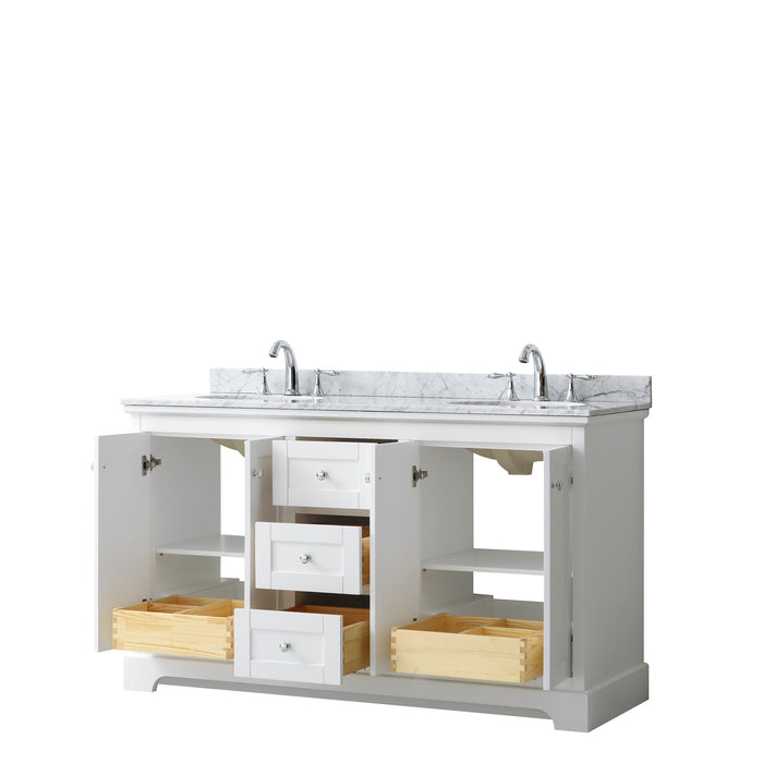 Wyndham Collection Avery 60 Inch Double Bathroom Vanity in White, White Carrara Marble Countertop, Undermount Oval Sinks