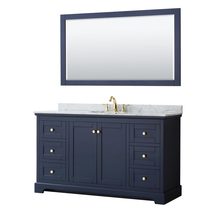 Wyndham Collection Avery 60 Inch Single Bathroom Vanity in Dark Blue, White Carrara Marble Countertop, Undermount Oval Sink