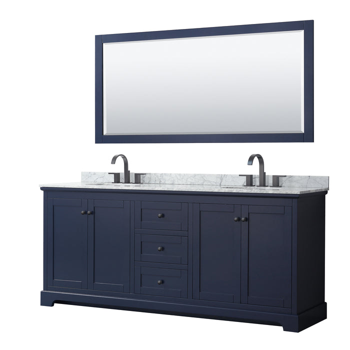 Wyndham Collection Avery 80 Inch Double Bathroom Vanity in Dark Blue, White Carrara Marble Countertop, Undermount Oval Sinks
