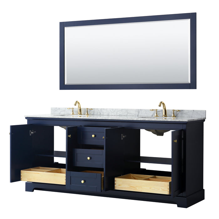 Wyndham Collection Avery 80 Inch Double Bathroom Vanity in Dark Blue, White Carrara Marble Countertop, Undermount Oval Sinks