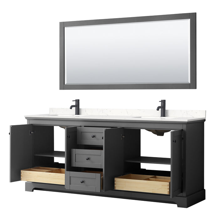Wyndham Collection Avery 80 Inch Double Bathroom Vanity in Dark Gray, Carrara Cultured Marble Countertop, Undermount Square Sinks