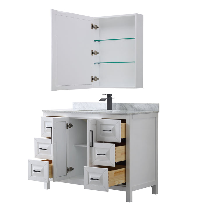 Wyndham Collection Daria 48 Inch Single Bathroom Vanity in White, White Carrara Marble Countertop, Undermount Square Sink