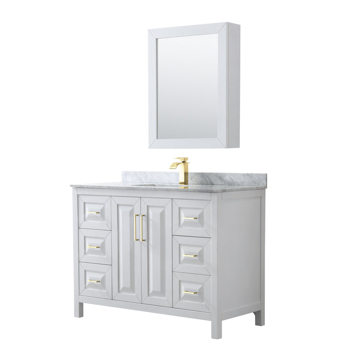 Wyndham Collection Daria 48 Inch Single Bathroom Vanity in White, White Carrara Marble Countertop, Undermount Square Sink