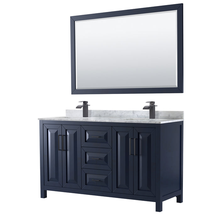 Wyndham Collection Daria 60 Inch Double Bathroom Vanity in Dark Blue, White Carrara Marble Countertop, Undermount Square Sinks