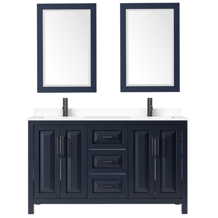 Wyndham Collection Daria 60 Inch Double Bathroom Vanity in Dark Blue, White Cultured Marble Countertop, Undermount Square Sinks