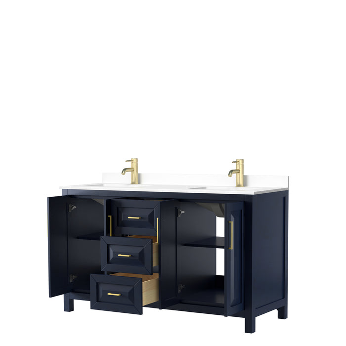 Wyndham Collection Daria 60 Inch Double Bathroom Vanity in Dark Blue, White Cultured Marble Countertop, Undermount Square Sinks