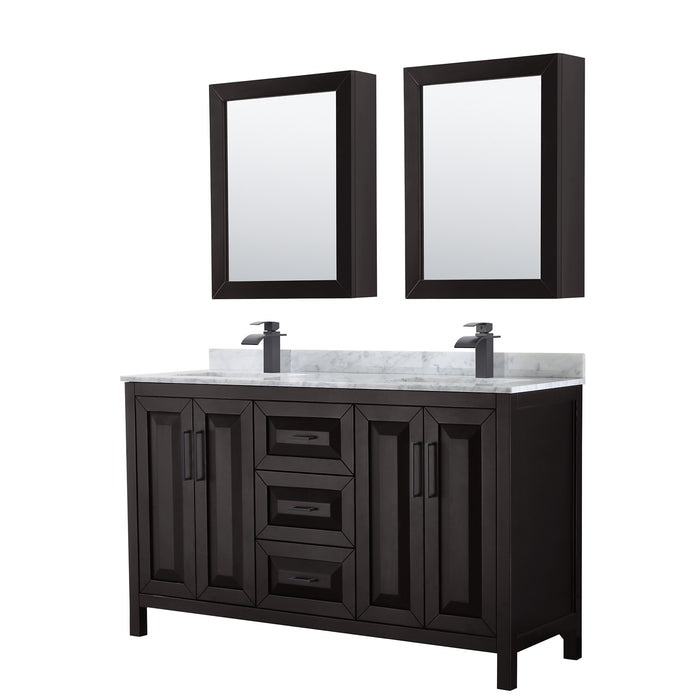 Wyndham Collection Daria 60 Inch Double Bathroom Vanity in Dark Espresso, White Carrara Marble Countertop, Undermount Square Sinks