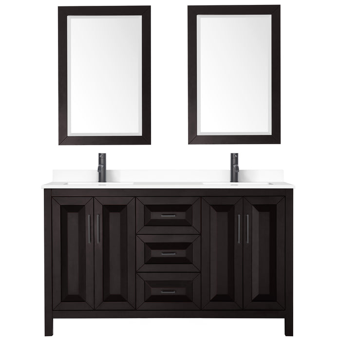 Wyndham Collection Daria 60 Inch Double Bathroom Vanity in Dark Espresso, White Cultured Marble Countertop, Undermount Square Sinks