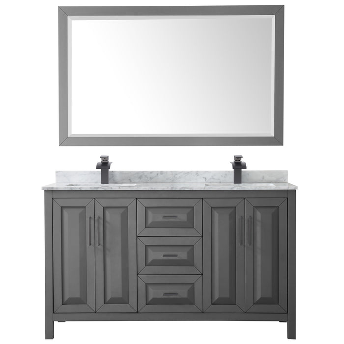Wyndham Collection Daria 60 Inch Double Bathroom Vanity in Dark Gray, White Carrara Marble Countertop, Undermount Square Sinks