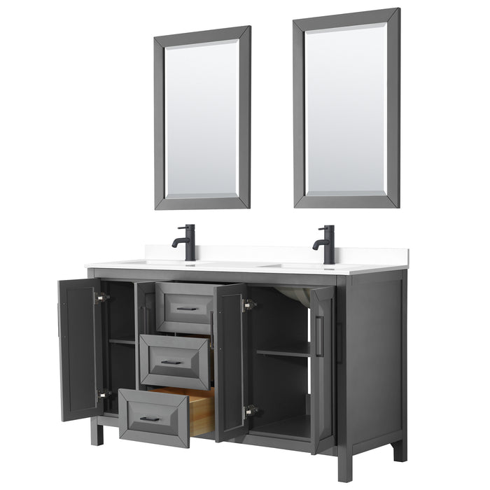 Wyndham Collection Daria 60 Inch Double Bathroom Vanity in Dark Gray, White Cultured Marble Countertop, Undermount Square Sinks