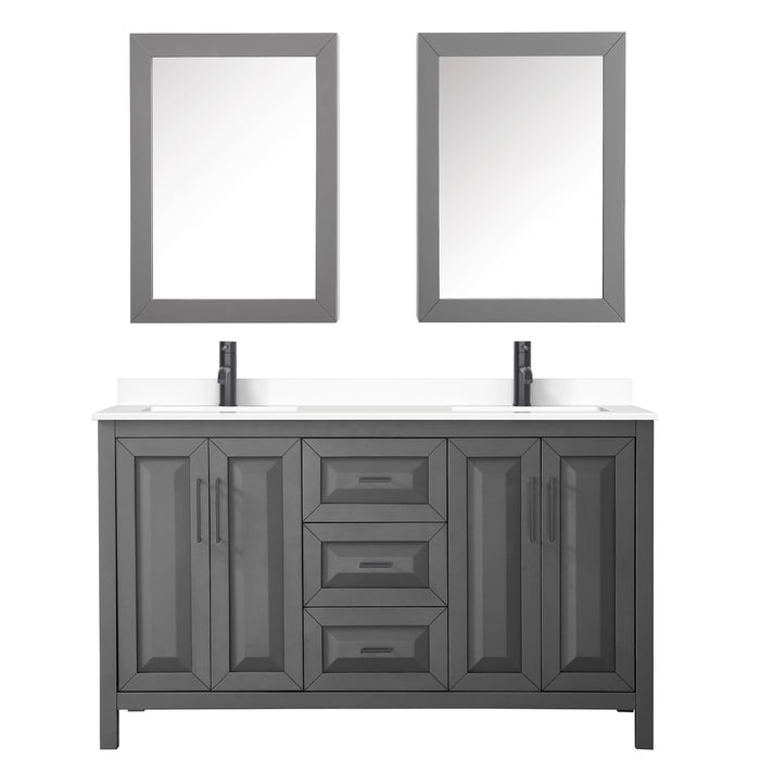 Wyndham Collection Daria 60 Inch Double Bathroom Vanity in Dark Gray, White Cultured Marble Countertop, Undermount Square Sinks