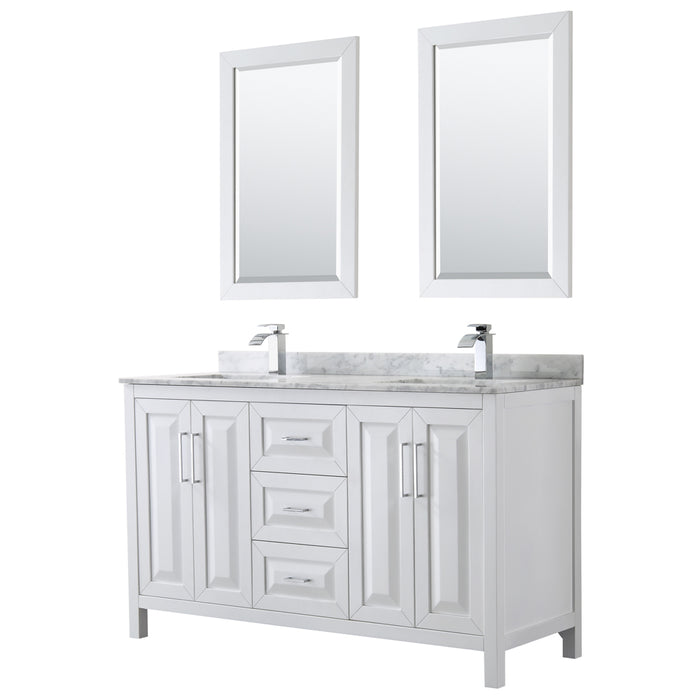 Wyndham Collection Daria 60 Inch Double Bathroom Vanity in White, White Carrara Marble Countertop, Undermount Square Sinks