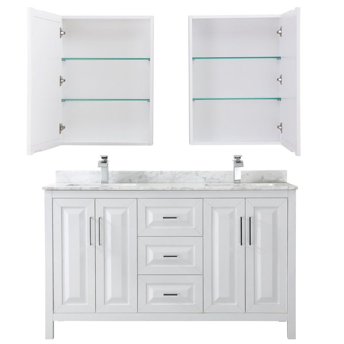 Wyndham Collection Daria 60 Inch Double Bathroom Vanity in White, White Carrara Marble Countertop, Undermount Square Sinks