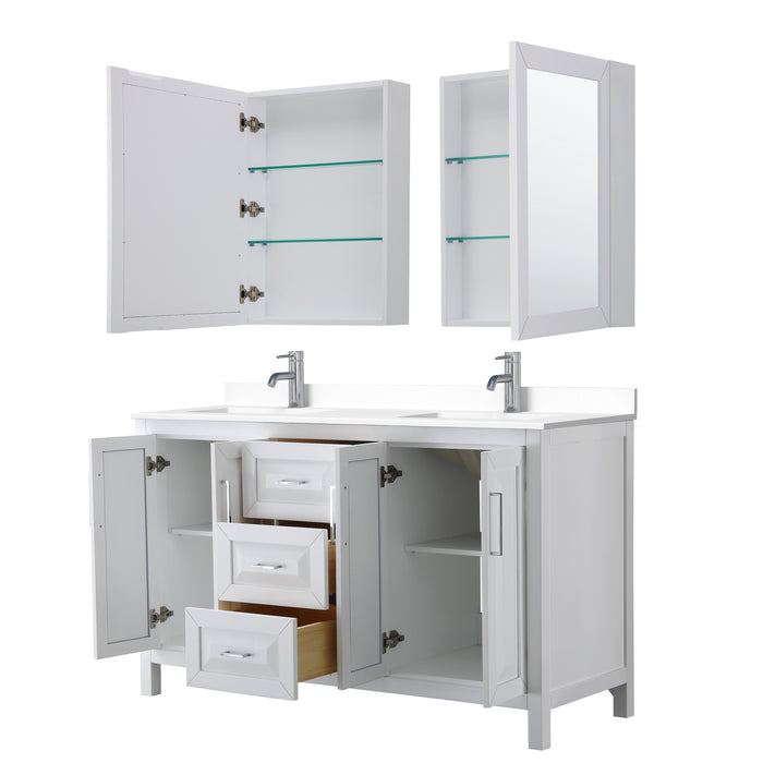 Wyndham Collection Daria 60 Inch Double Bathroom Vanity in White, White Cultured Marble Countertop, Undermount Square Sinks