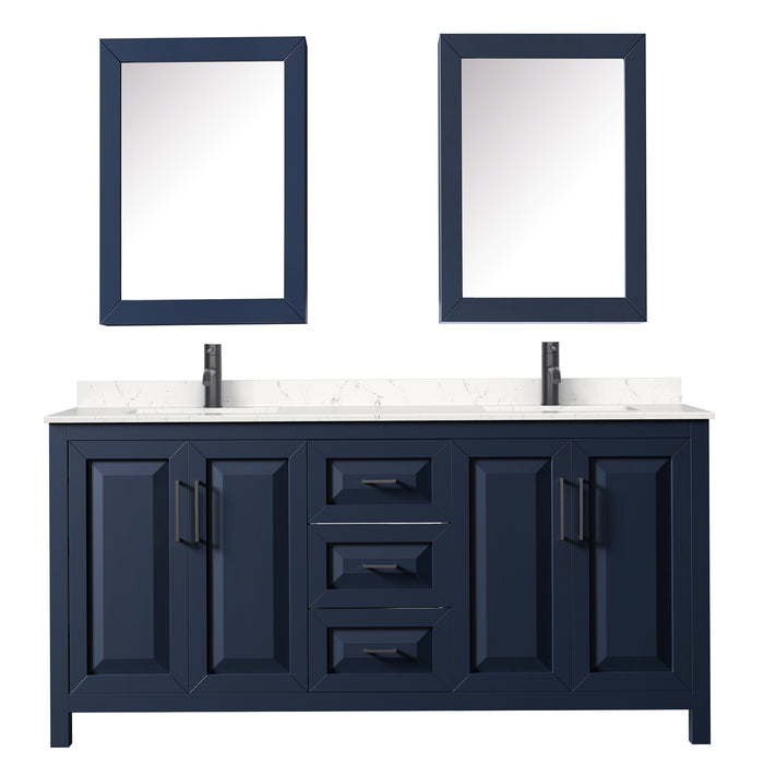 Wyndham Collection Daria 72 Inch Double Bathroom Vanity in Dark Blue, Carrara Cultured Marble Countertop, Undermount Square Sinks
