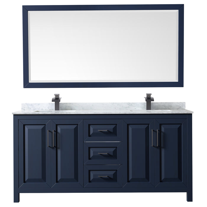 Wyndham Collection Daria 72 Inch Double Bathroom Vanity in Dark Blue, White Carrara Marble Countertop, Undermount Square Sinks