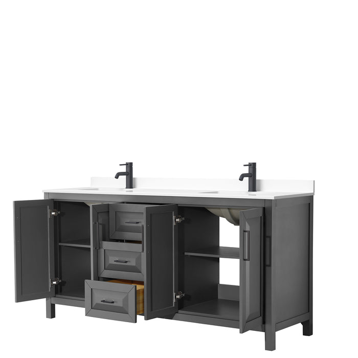 Wyndham Collection Daria 72 Inch Double Bathroom Vanity in Dark Gray, White Cultured Marble Countertop, Undermount Square Sinks
