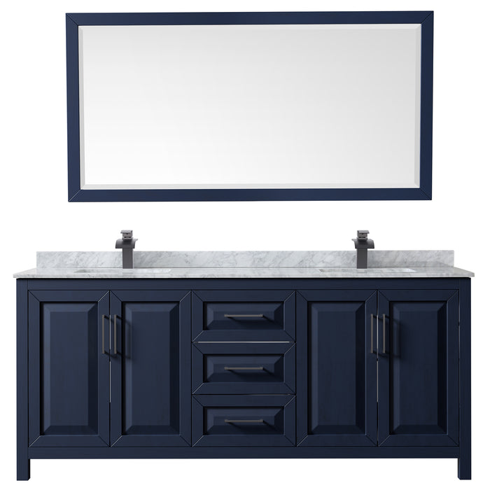 Wyndham Collection Daria 80 Inch Double Bathroom Vanity in Dark Blue, White Carrara Marble Countertop, Undermount Square Sinks