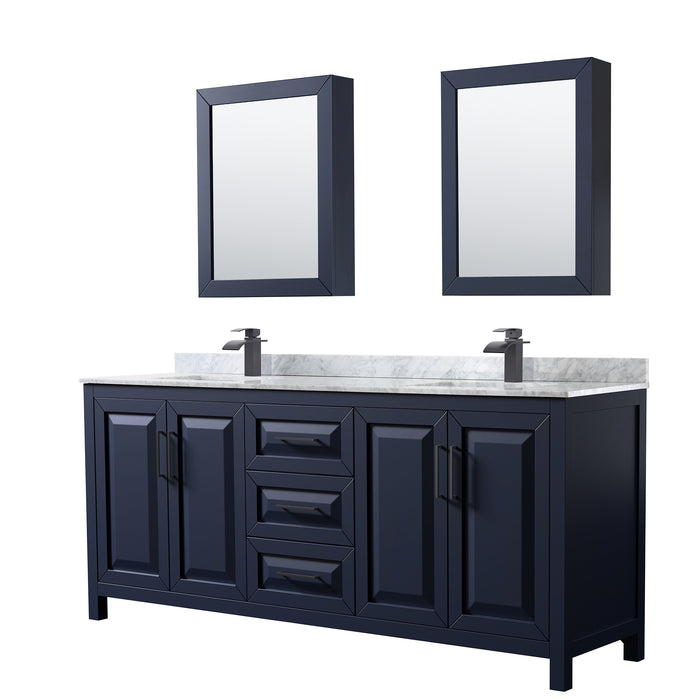 Wyndham Collection Daria 80 Inch Double Bathroom Vanity in Dark Blue, White Carrara Marble Countertop, Undermount Square Sinks