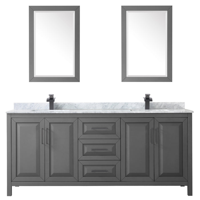 Wyndham Collection Daria 80 Inch Double Bathroom Vanity in Dark Gray, White Carrara Marble Countertop, Undermount Square Sinks, Matte Black Trim