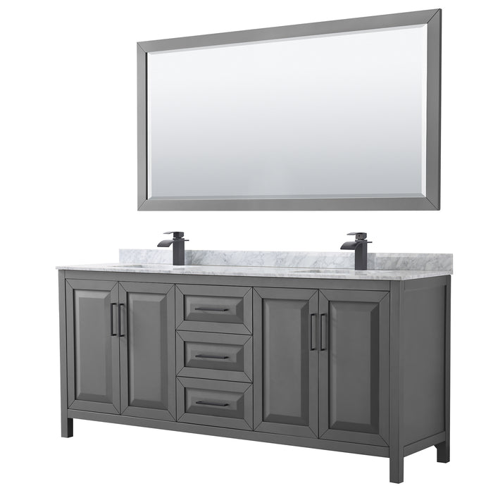 Wyndham Collection Daria 80 Inch Double Bathroom Vanity in Dark Gray, White Carrara Marble Countertop, Undermount Square Sinks, Matte Black Trim