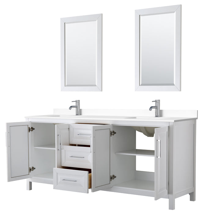 Wyndham Collection Daria 80 Inch Double Bathroom Vanity in White, White Cultured Marble Countertop, Undermount Square Sinks, 24 Inch Mirrors